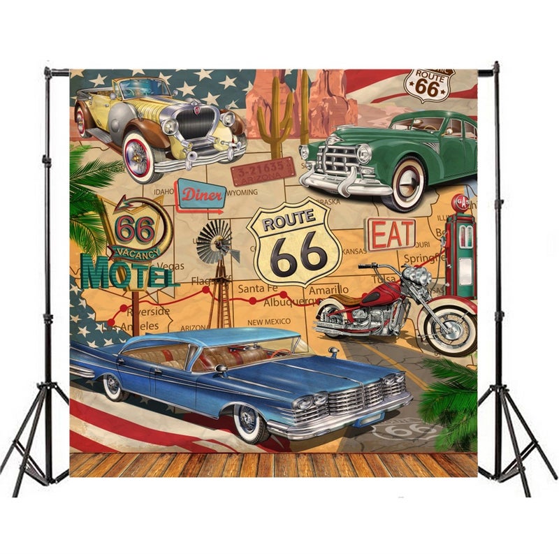 AOFOTO 6x6ft Vintage Car Route 66 Backdrop Retro Motel Motor Classic Cars Truck American Historic Road Sign Photography Background Comic Diner Route 66 Birthday Party Decorations Photo Studio Props - Image 2